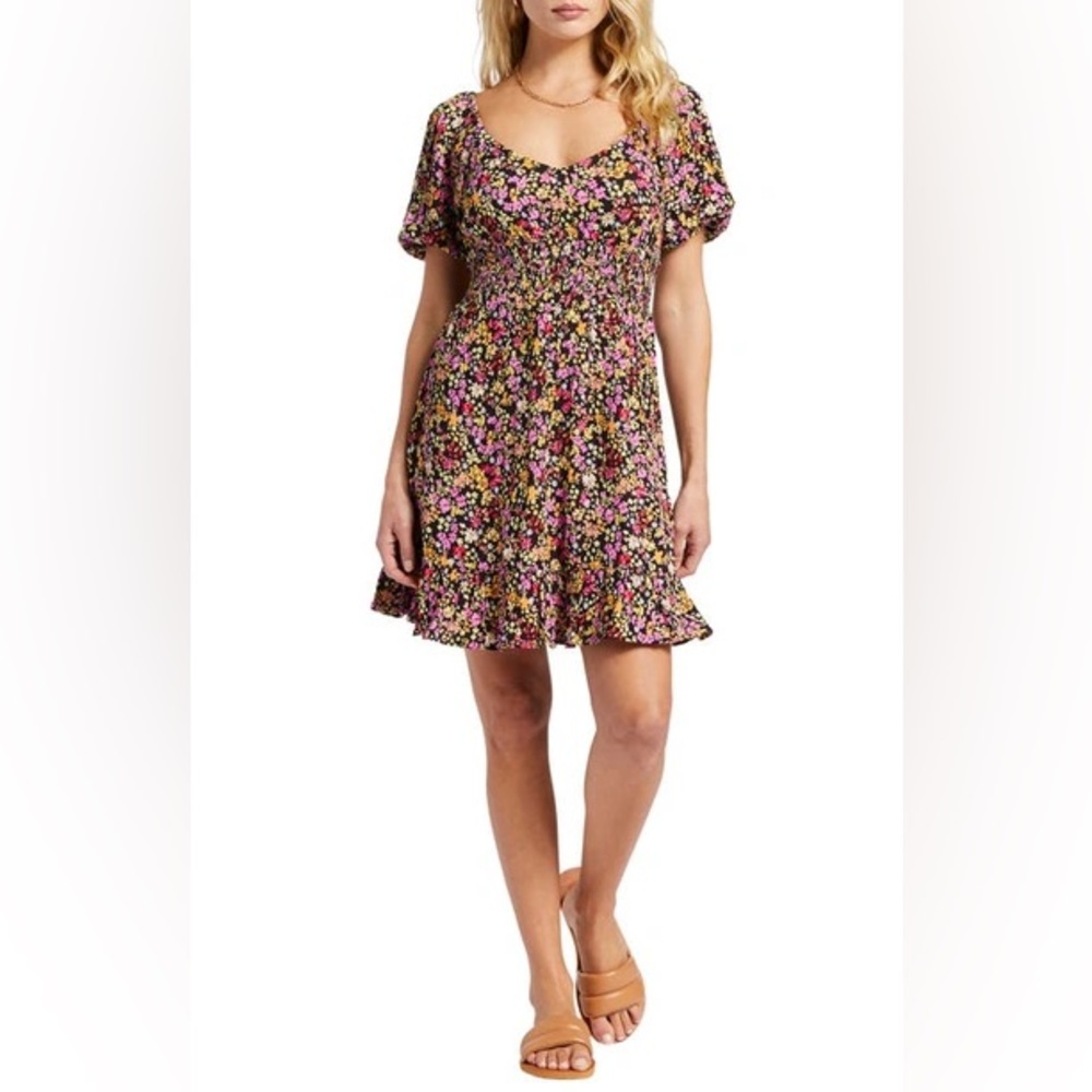 Billabong something pretty smocked flora mini dress black pink yellow orange red